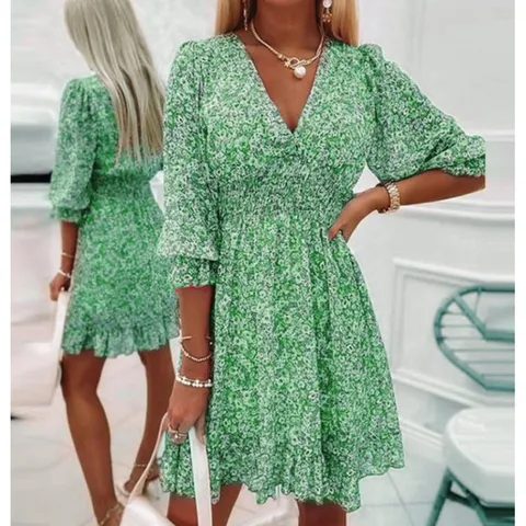 Womens Bohemian Floral Print V-Neck Short Sleeve A-Line Midi Dress Casual Sweet Pullover Summer Dress