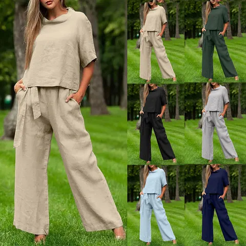 Women Casual Cotton Linen Top And Bottom Two Piece Set Short Sleeve Crew Neck Loose Wide Leg Pants Suit