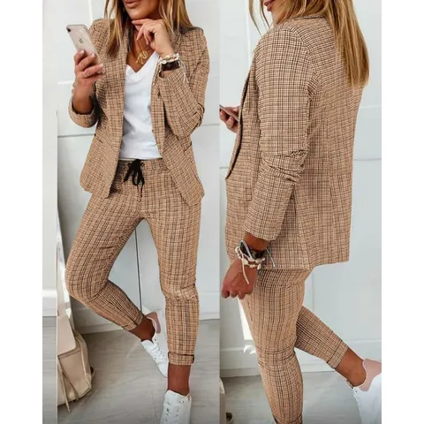 Women Casual Plaid Suit Set Long Sleeve Blazer And Slim Pants Elegant Commuter Fashion Office Wear Outfit