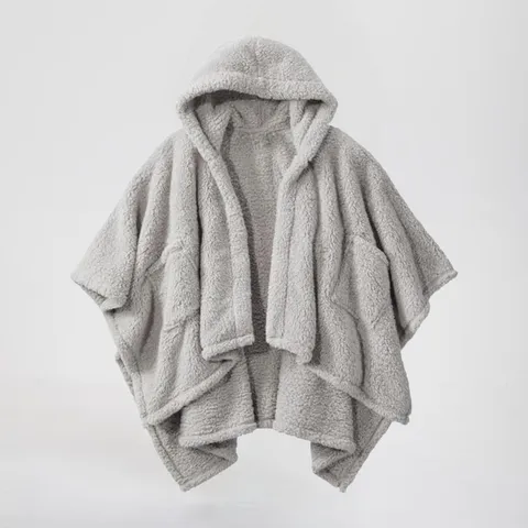 Women Winter Warm Solid Color Hooded Cloak Poncho Casual Loose Fleece Outerwear Oversized Blanket Cape With Pockets