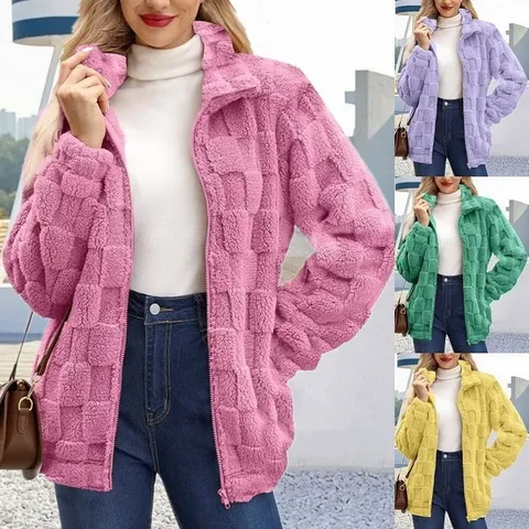 Women's Casual Stand Collar Zipper Fleece Jacket Long Sleeve Loose Plaid Jacquard Outerwear Fall Winter Warm Coat