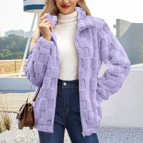 Women's Casual Stand Collar Zipper Fleece Jacket Long Sleeve Loose Plaid Jacquard Outerwear Fall Winter Warm Coat