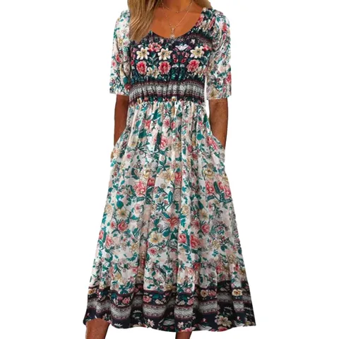 Γυναικείο Bohemian Floral Printed Maxi Dress Casual Round Neck Short Sleeve Long Dress
