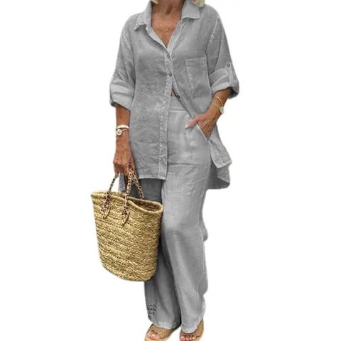 Conjunto de Dos Piezas de Mezcla de Lino Casual para Mujer con Cuello Rebatible Cárdigan de Manga Larga y Pantalón Largo Suelto