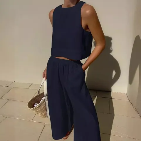 Ensemble Deux Pièces Décontracté Uni pour Femmes Haut Sans Manches et Long Pantalon Tenue d'Été Ample