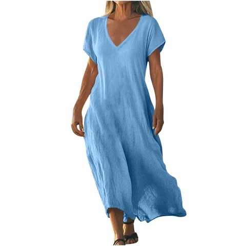 Women's Casual Cotton Blend V-Neck Short Sleeve Loose Maxi Dress Solid Color Summer Long Dress