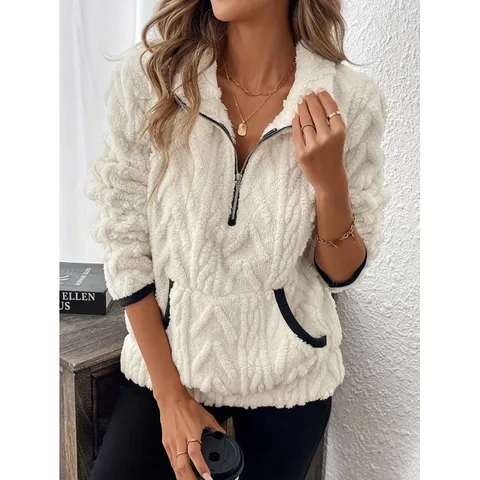 Women's Casual Lapel Half Zip Fleece Sweatshirt Long Sleeve Loose Jacquard Pocket Short Pullover Top