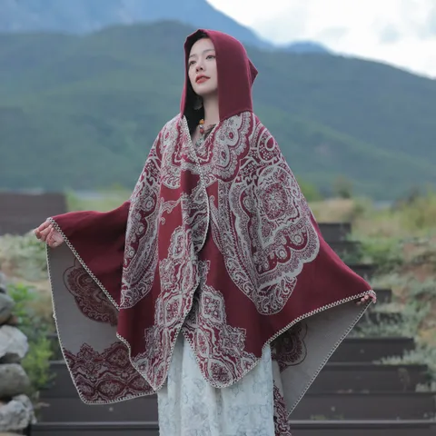 Damen Retro Ethno Umhang Kapuzenschal Kaschmir-Imitation Vintage Paisleymuster Böhmisch Wrap Poncho Für Reisen Fotografie