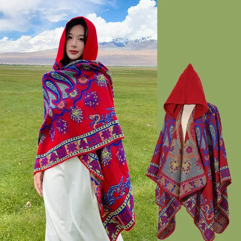 Vintage Ethnisch Paisley Geometrisch Muster Kapuzen Schal Cape Weich Falscher Kaschmir Quaste Winter Warm Reisen Damen Poncho Mantel
