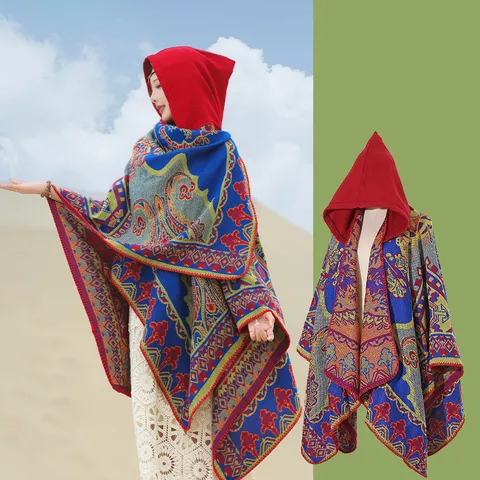 Women Ethnic Bohemian Floral Jacquard Hooded Knit Shawl Cape With Tassel Retro Travel Photography Winter Warm Cloak Scarf Wrap
