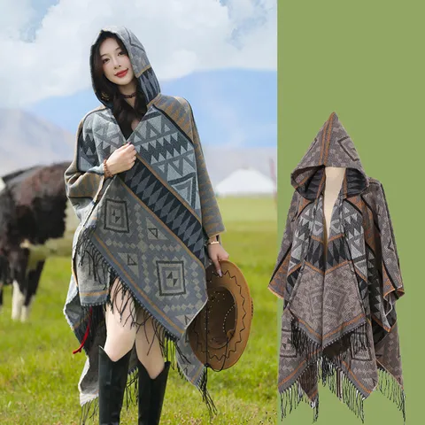 Bohemian Vintage Geometrische Strick Kapuzenschal Kaschmir-Imitat Quaste Schal Umhang Fransen Poncho Für Damen Reisefotografie