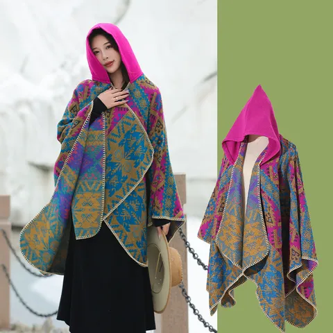 Women Vintage Ethnic Faux Cashmere Hooded Shawl Cape Tassel Jacquard Geometric Floral Long Poncho Wrap For Travel Autumn Winter Warm Scarf