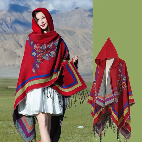 Vintage Ethnisch Damen Kaschmir Ähnlich Kapuzenschal Quaste Jacquard Geometrisch Floral Fransen Cape Umhang Für Reisen Decke