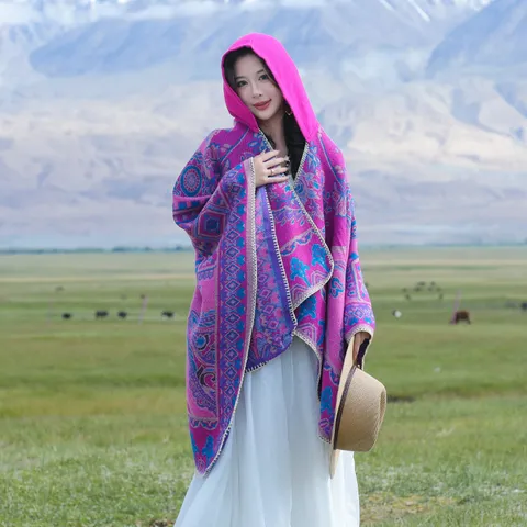 Women Ethnic Bohemian Floral Jacquard Hooded Knit Shawl Cape With Tassel Retro Travel Photography Winter Warm Cloak Scarf Wrap