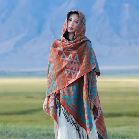 Bohemian Vintage Geometrische Strick Kapuzenschal Kaschmir-Imitat Quaste Schal Umhang Fransen Poncho Für Damen Reisefotografie