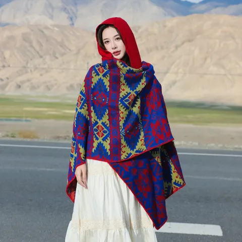 Women Vintage Ethnic Faux Cashmere Hooded Shawl Cape Tassel Jacquard Geometric Floral Long Poncho Wrap For Travel Autumn Winter Warm Scarf