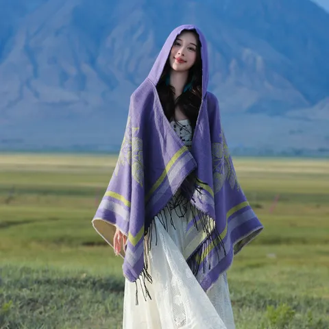 Vintage Ethnisch Damen Kaschmir Ähnlich Kapuzenschal Quaste Jacquard Geometrisch Floral Fransen Cape Umhang Für Reisen Decke