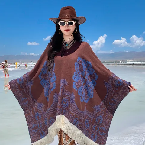 Damen Ethno Jacquard Poncho Schal Vintage Quaste Bohemian Umhang Weich Warm Acryl Wickel Für Outdoor Reisen