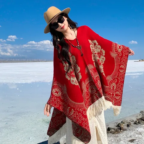 Damen Ethno Jacquard Poncho Schal Vintage Quaste Bohemian Umhang Weich Warm Acryl Wickel Für Outdoor Reisen