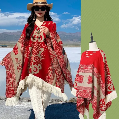 Vintage Ethnisch Bohemian Jacquard Cape Schal Mit Quastenbesatz Acryl Polyester Pullover Reise Poncho Für Damen Urlaub Party Dekoration