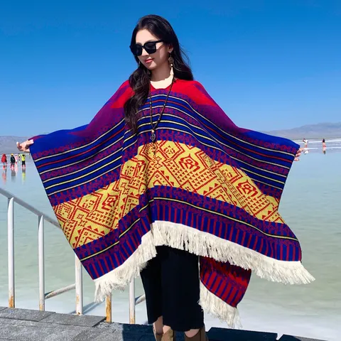 Bohemian Ethnisch Stil Geometrisches Muster Quaste Schal Umhang Für Damen Retro Jacquard Reise Warm Schal Wickeln