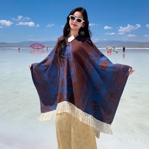 Vintage Ethnisch Bohemian Jacquard Cape Schal Mit Quastenbesatz Acryl Polyester Pullover Reise Poncho Für Damen Urlaub Party Dekoration