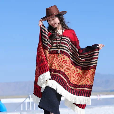 Bohemian Ethnisch Stil Geometrisches Muster Quaste Schal Umhang Für Damen Retro Jacquard Reise Warm Schal Wickeln