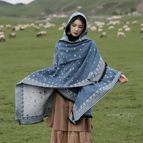 Women Imitation Cashmere Hooded Cape Shawl Winter Warm Ethnic Geometric Star Tassel Outerwear Travel Scarf