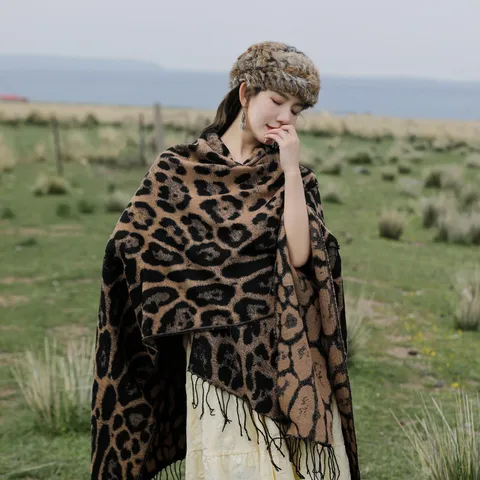 Vintage Leopard Print Tassel Shawl Scarf For Women Cashmere Like Acrylic Jacquard Travel Cape Blanket Poncho Cozy Warm Wrap