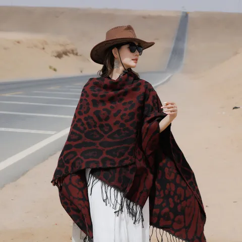 Vintage Leopard Print Tassel Shawl Scarf For Women Cashmere Like Acrylic Jacquard Travel Cape Blanket Poncho Cozy Warm Wrap