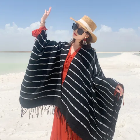 Ethnic Style Striped Knitted Shawl For Women Winter Warm Thickened Tassel Open Front Poncho Wrap For Travel Outdoor Bohemian Scarf