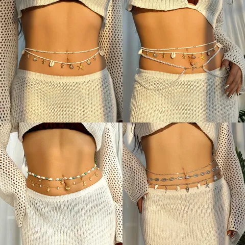 Bohemian Ozean Sommer Strand Taillenkette Für Damen Gold Silber Legierung Muschel Seestern Conch Anhänger Perle Körperkette Bauch Schmuck
