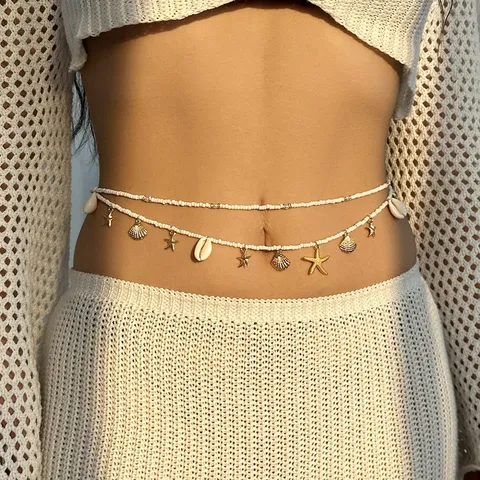 Bohemian Ozean Sommer Strand Taillenkette Für Damen Gold Silber Legierung Muschel Seestern Conch Anhänger Perle Körperkette Bauch Schmuck