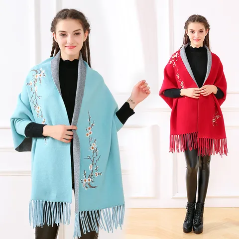 Damen Kerngesponnenes Garn Bestickt Fledermausärmel Schal-Cape Fransen Farbblock Strickjacke Elegant Tassel Outerwear Robe
