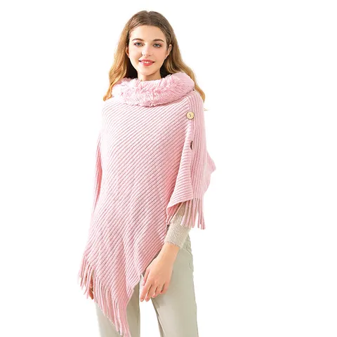 Women Acrylic Faux Rabbit Fur Collar Knit Shawl Pullover Tassel Poncho Cape For Autumn Winter Warmth Daily Wear