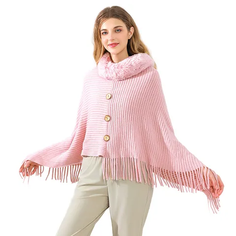 Women Acrylic Faux Rabbit Fur Collar Knit Shawl Pullover Tassel Poncho Cape For Autumn Winter Warmth Daily Wear