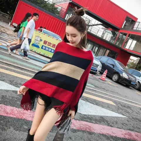 Women Striped Irregular Hem Tassel Poncho Shawl Cashmere Like Knitted Wrap Cape Top For Spring Autumn Winter Ladies Fashion Outerwear