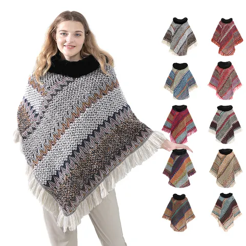 Western Street Style Polyester Strick Poncho Schal Für Damen Bohemian Zackenmuster Thermischer Pullover Umhang Mit Kunstfellkragen Quastenfransen Cape Schmuck