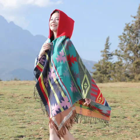 Boho Ethnisch Kapuzenponcho Umhang Für Damen Retro Geometrisches Muster Jacquard Quasten Schal Umhang Für Reise Fotografie