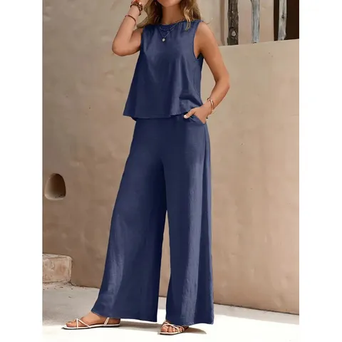 Completo Elegante da Donna Casual Tinta Unita Senza Maniche Girocollo Canotta e Pantaloni Gamba Larga Vestiti Estivi