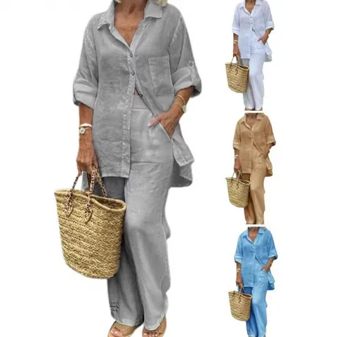 Conjunto de Dos Piezas de Mezcla de Lino Casual para Mujer con Cuello Rebatible Cárdigan de Manga Larga y Pantalón Largo Suelto