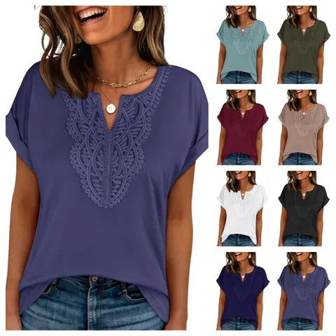 Women Casual Bohemian Lace V-Neck Short Sleeve T-Shirt Solid Color Loose Summer Top Regular Fit Polyester Daily Wear