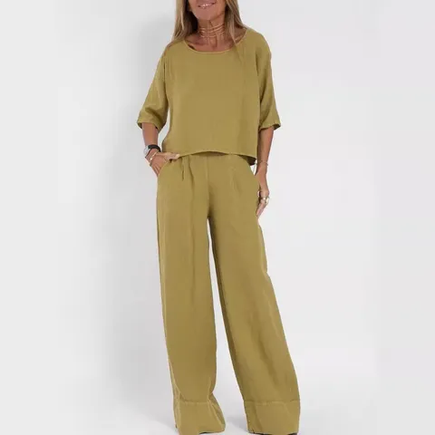 Women Casual Cotton Linen Pants Set Solid Color Short Sleeve Crew Neck Top And Loose Wide Leg Trousers Summer Outfits