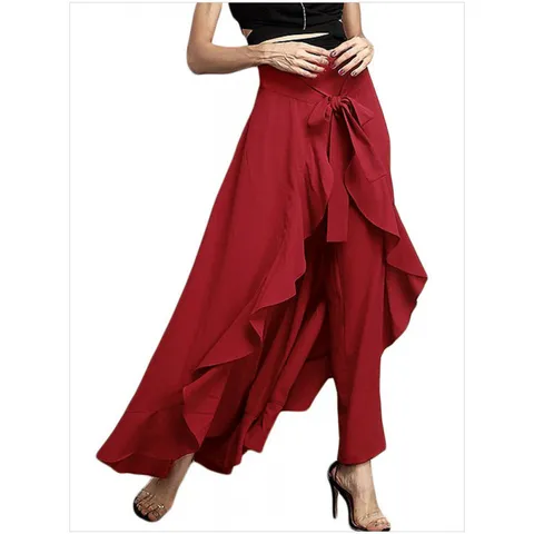 Women's Casual High Waist Loose Chiffon Wide Leg Pants Bowtie Tie Front Elegant Long Trousers