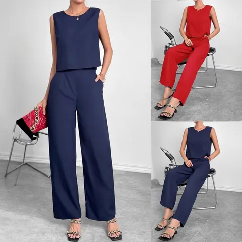 Women Summer Casual Solid Color Slim Sleeveless Top And Wide Leg Pants Two Piece Set Linen Blend Elegant Outfit