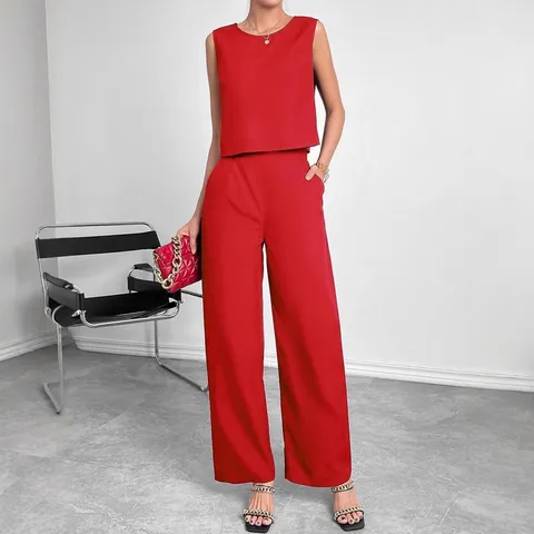 Women Summer Casual Solid Color Slim Sleeveless Top And Wide Leg Pants Two Piece Set Linen Blend Elegant Outfit