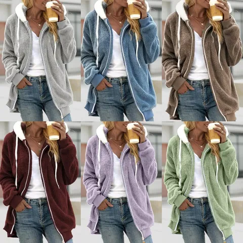 Women Winter Warm Fleece Hooded Zipper Cardigan Sweatshirt Casual Long Sleeve Solid Color Loose Outerwear