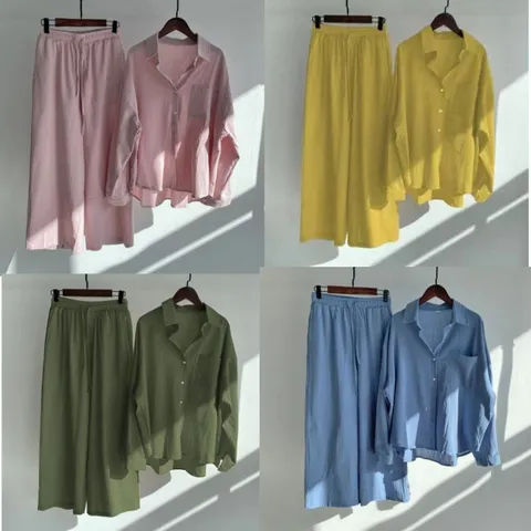 Women Casual Cotton Linen Shirt And Loose Long Pants Two Piece Set Vintage Solid Color Long Sleeve Outfit