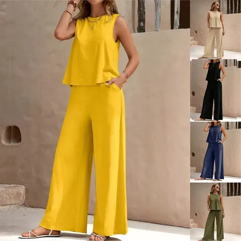 Completo Elegante da Donna Casual Tinta Unita Senza Maniche Girocollo Canotta e Pantaloni Gamba Larga Vestiti Estivi