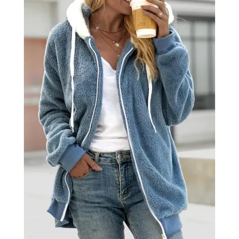 Women Winter Warm Fleece Hooded Zipper Cardigan Sweatshirt Casual Long Sleeve Solid Color Loose Outerwear